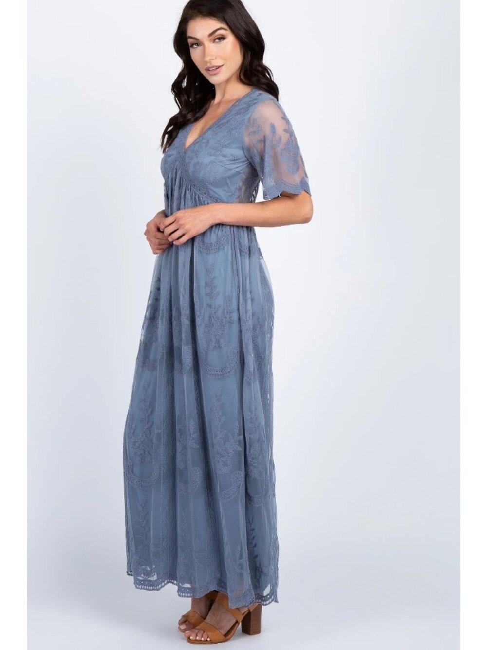 PinkBlush Small Blue Lace Mesh Overlay Maxi Dress Boho Fairy Feminine Empire Wai